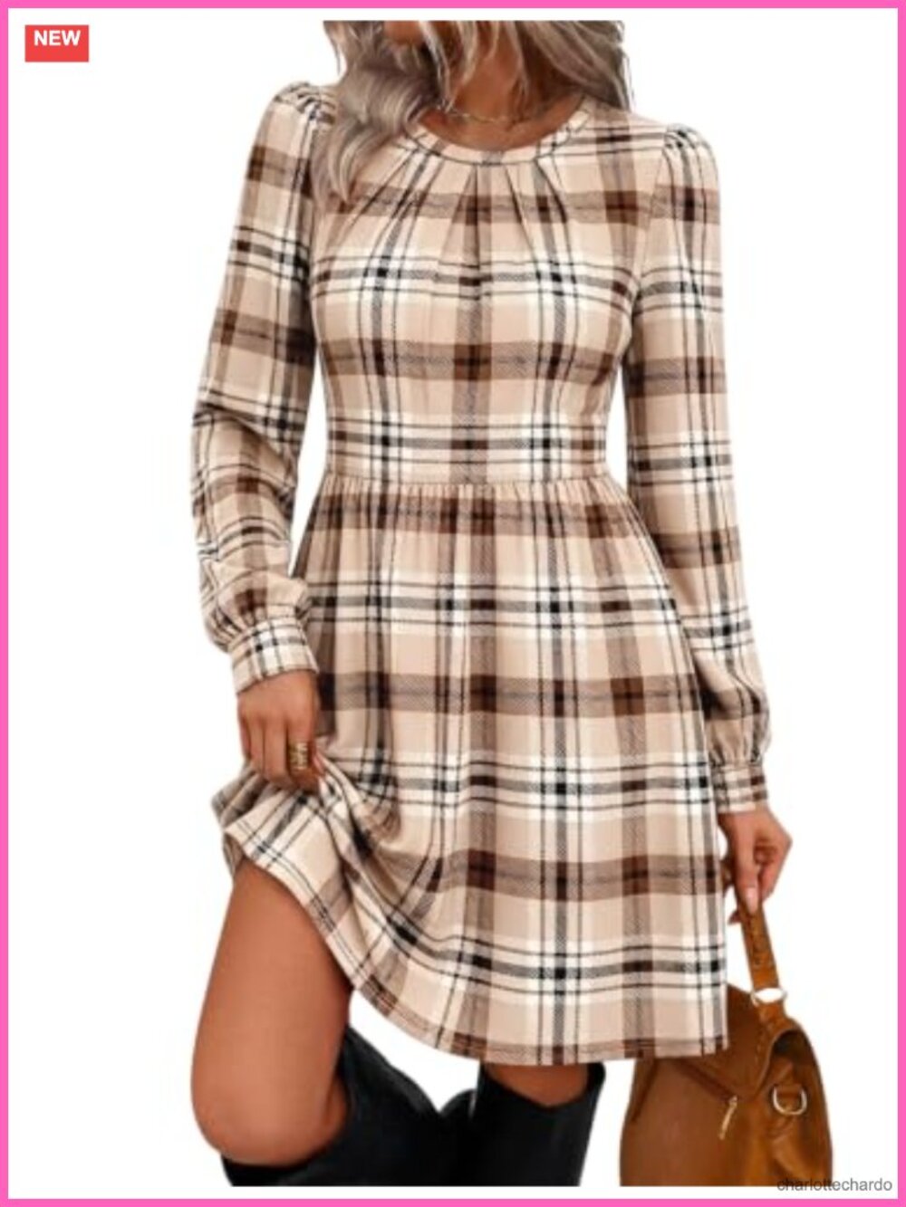 Fall A-Line Dress with Pockets Long Sleeve Puff Sleeve